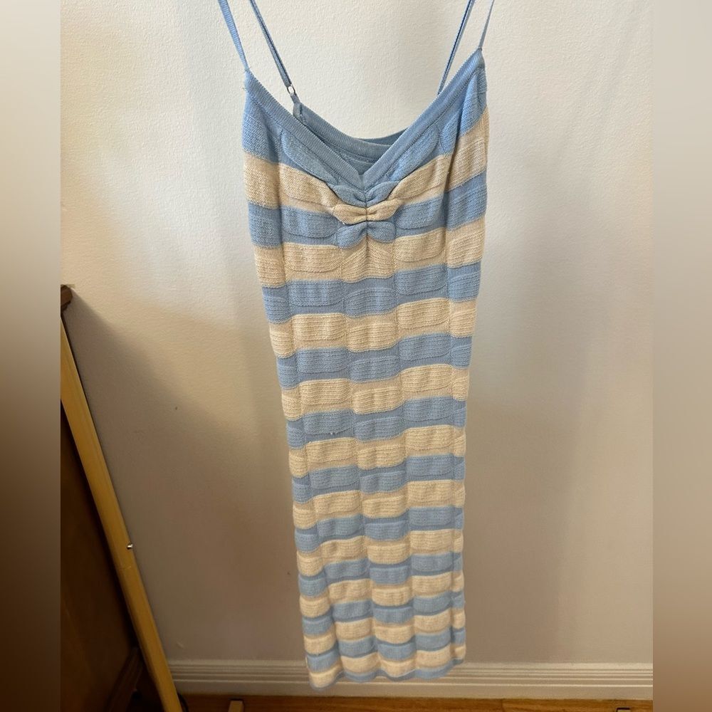Le Lis Blue and Cream Striped Crochet Mini Dress from Awoke Vintage in Brooklyn